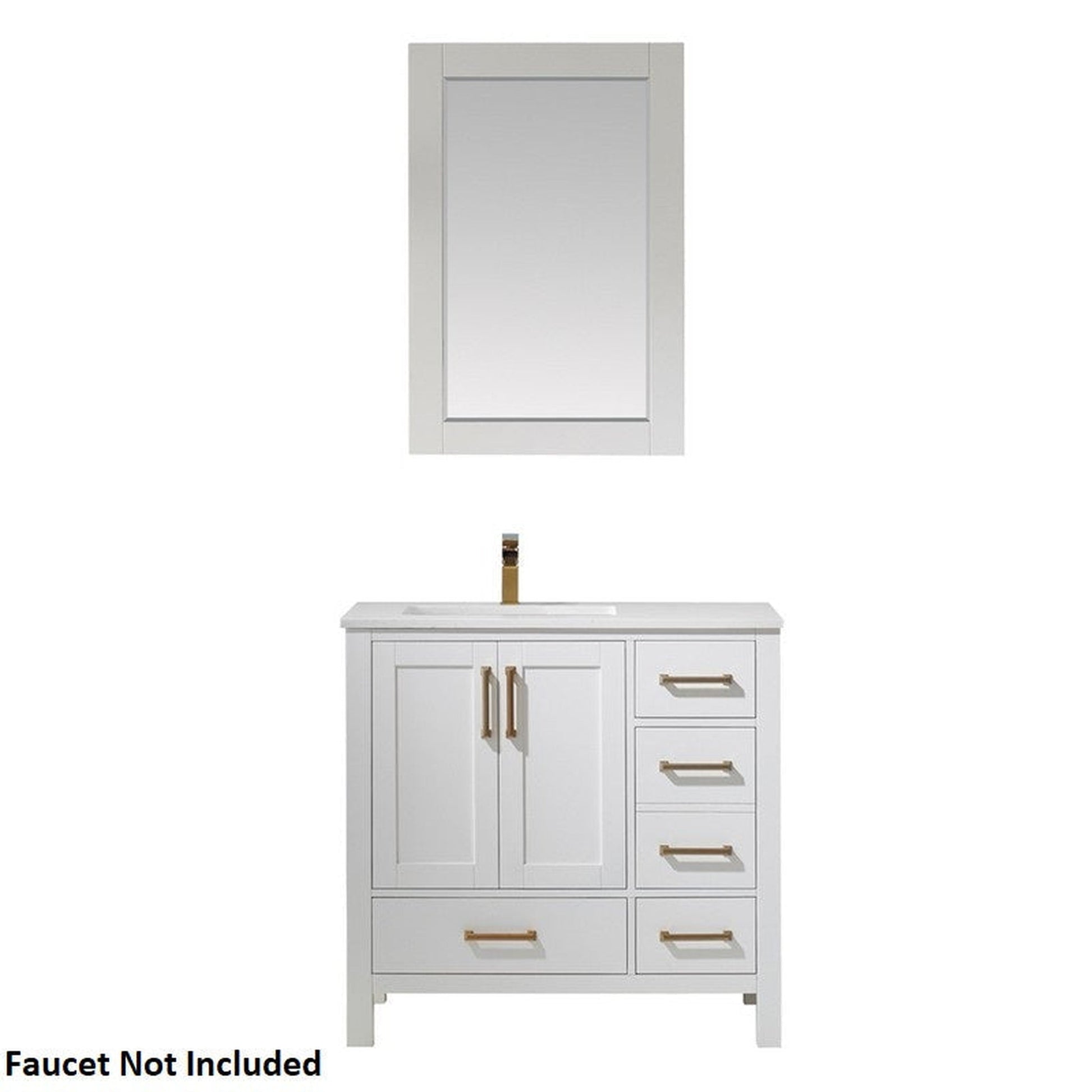 Vinnova Shannon 36" White Freestanding Single Vanity Set In White Carrara Composite Stone Top With Undermount Ceramic Sink and Mirror