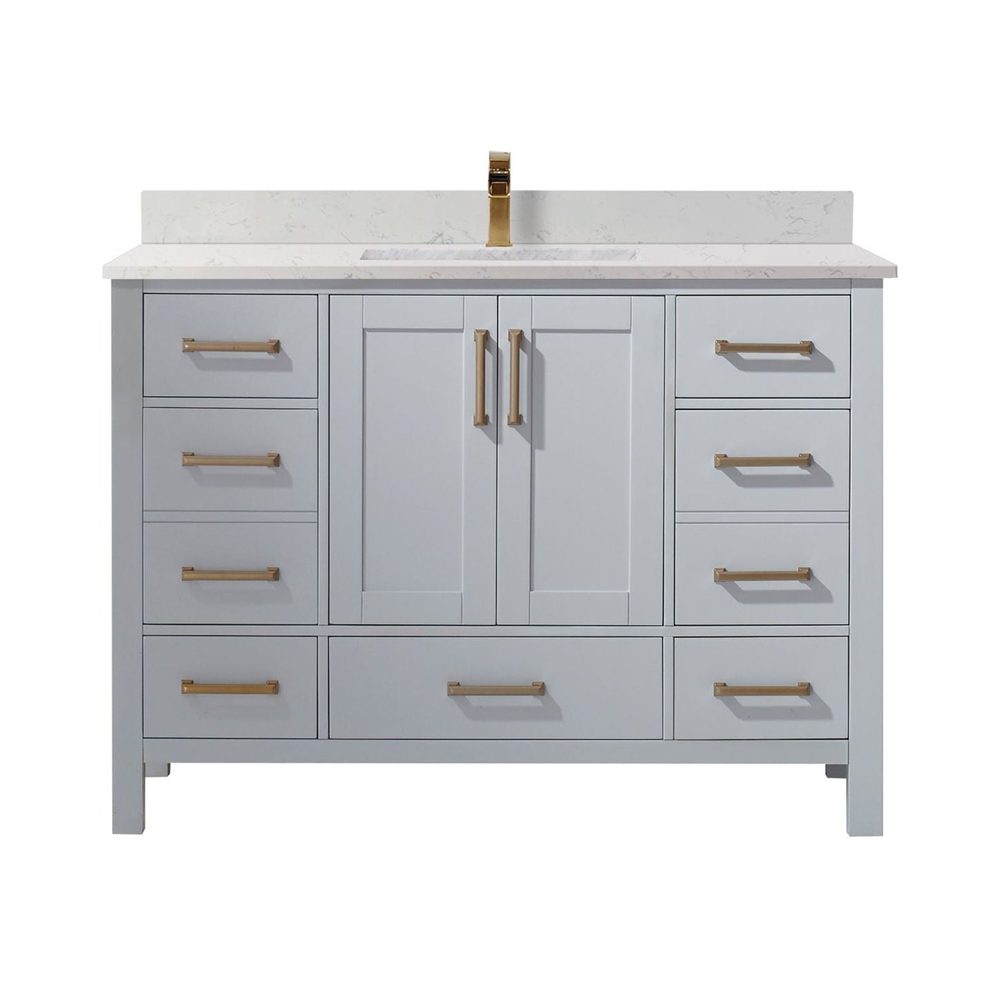 Vinnova Shannon 48" Paris Gray Freestanding Single Vanity Set In White Carrara Composite Stone Top With Undermount Ceramic Sink and Mirror