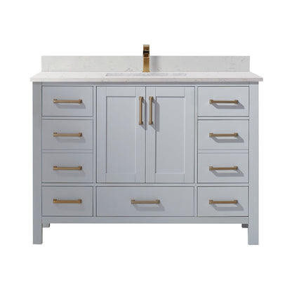 Vinnova Shannon 48" Paris Gray Freestanding Single Vanity Set In White Carrara Composite Stone Top With Undermount Ceramic Sink and Mirror