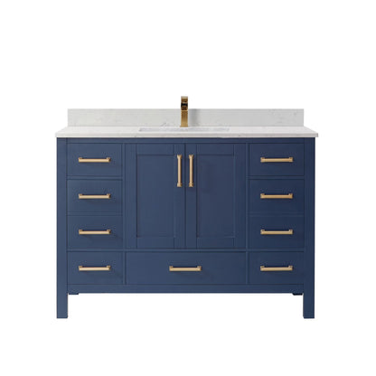 Vinnova Shannon 48" Royal Blue Freestanding Single Vanity Set In White Carrara Composite Stone Top With Undermount Ceramic Sink and Mirror