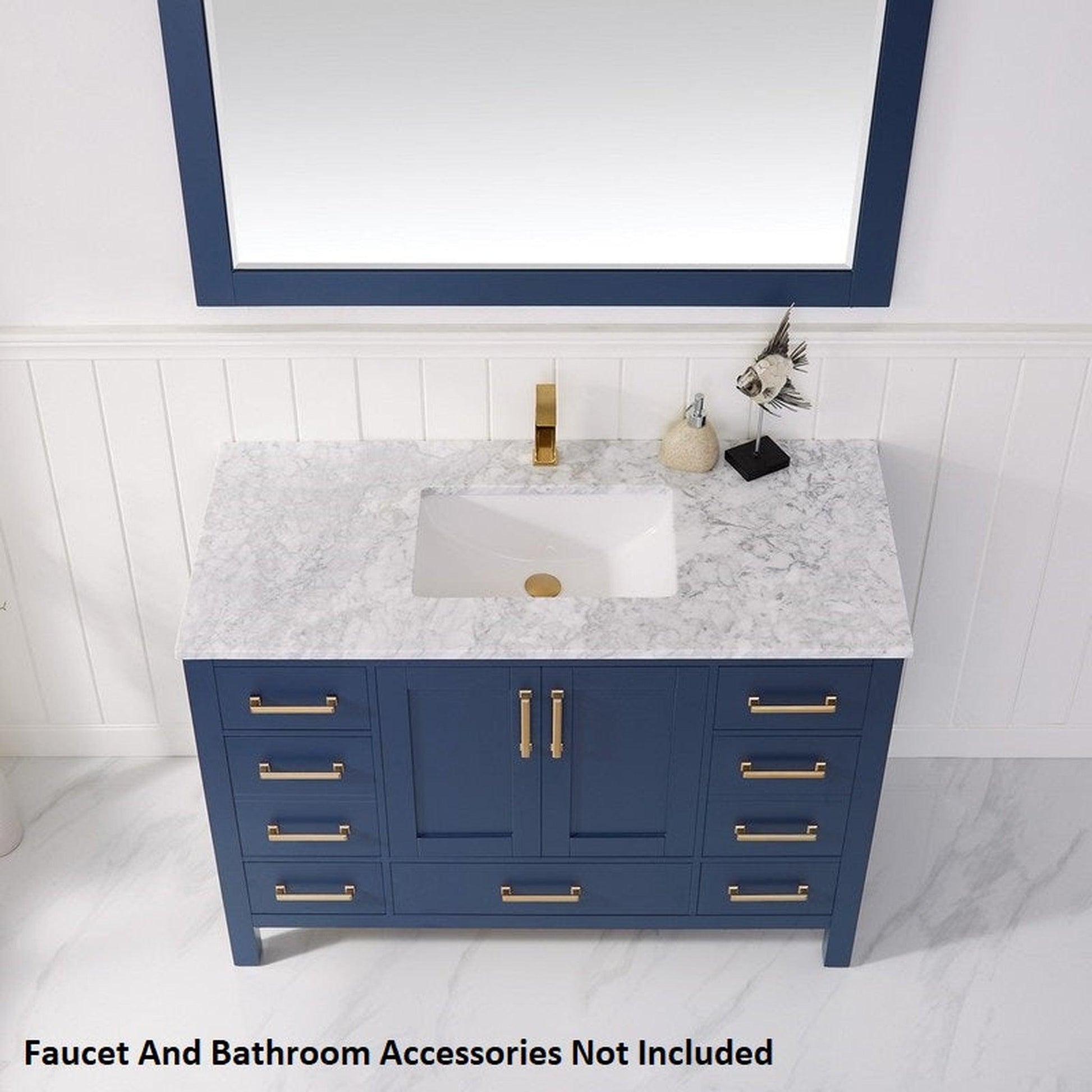 Vinnova Shannon 48" Royal Blue Freestanding Single Vanity Set In White Carrara Composite Stone Top With Undermount Ceramic Sink and Mirror