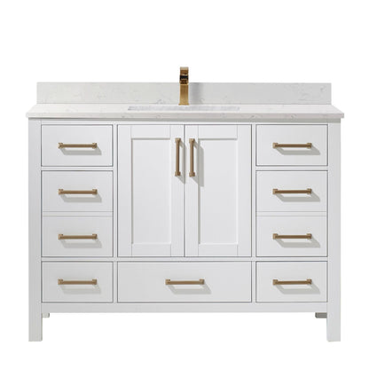 Vinnova Shannon 48" White Freestanding Single Vanity Set In White Carrara Composite Top With Undermount Ceramic Sink and Mirror