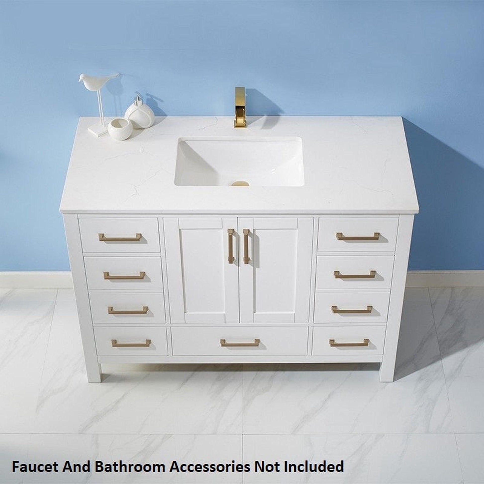 Vinnova Shannon 48" White Freestanding Single Vanity Set In White Carrara Composite Top With Undermount Ceramic Sink