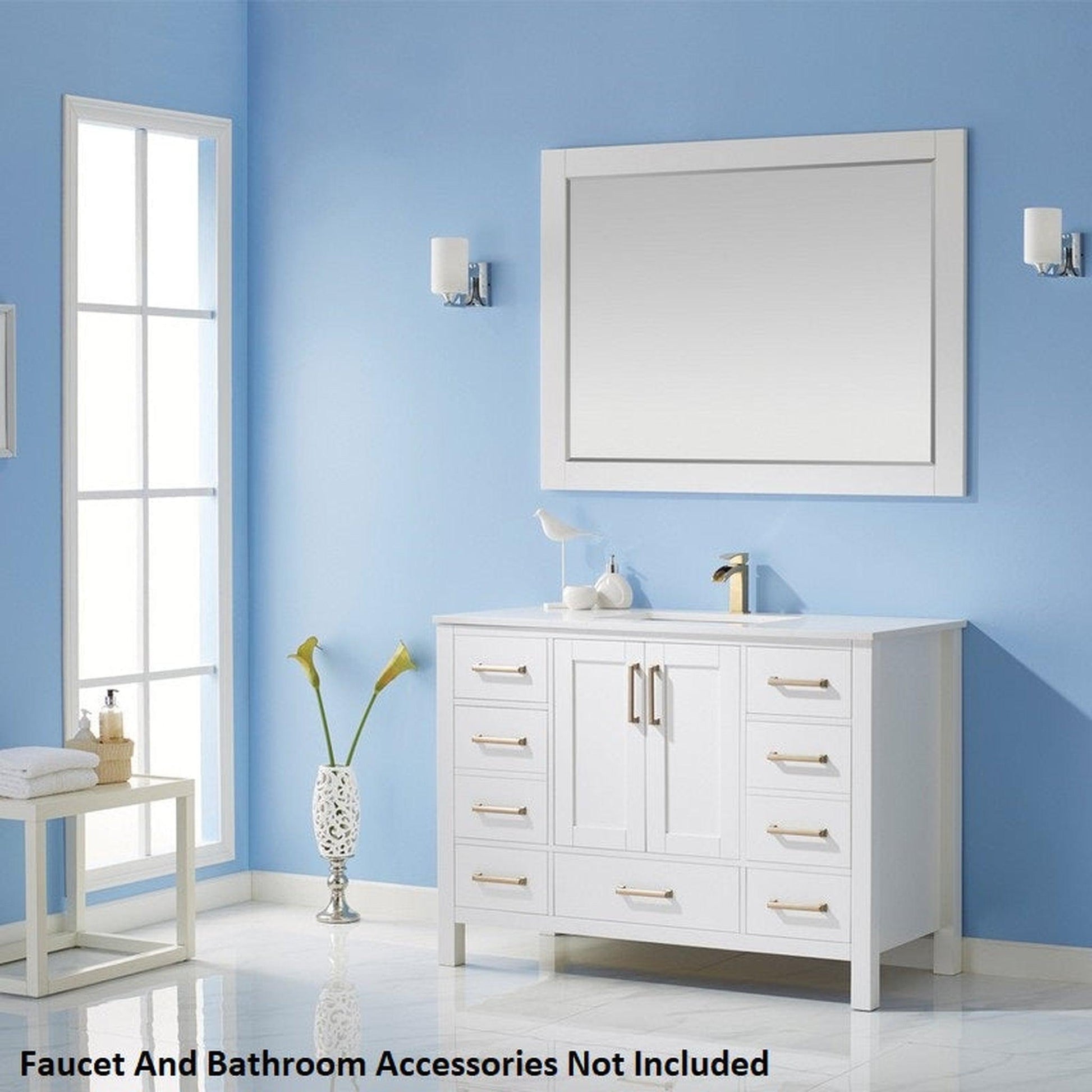 Vinnova Shannon 48" White Freestanding Single Vanity Set In White Carrara Composite Top With Undermount Ceramic Sink and Mirror