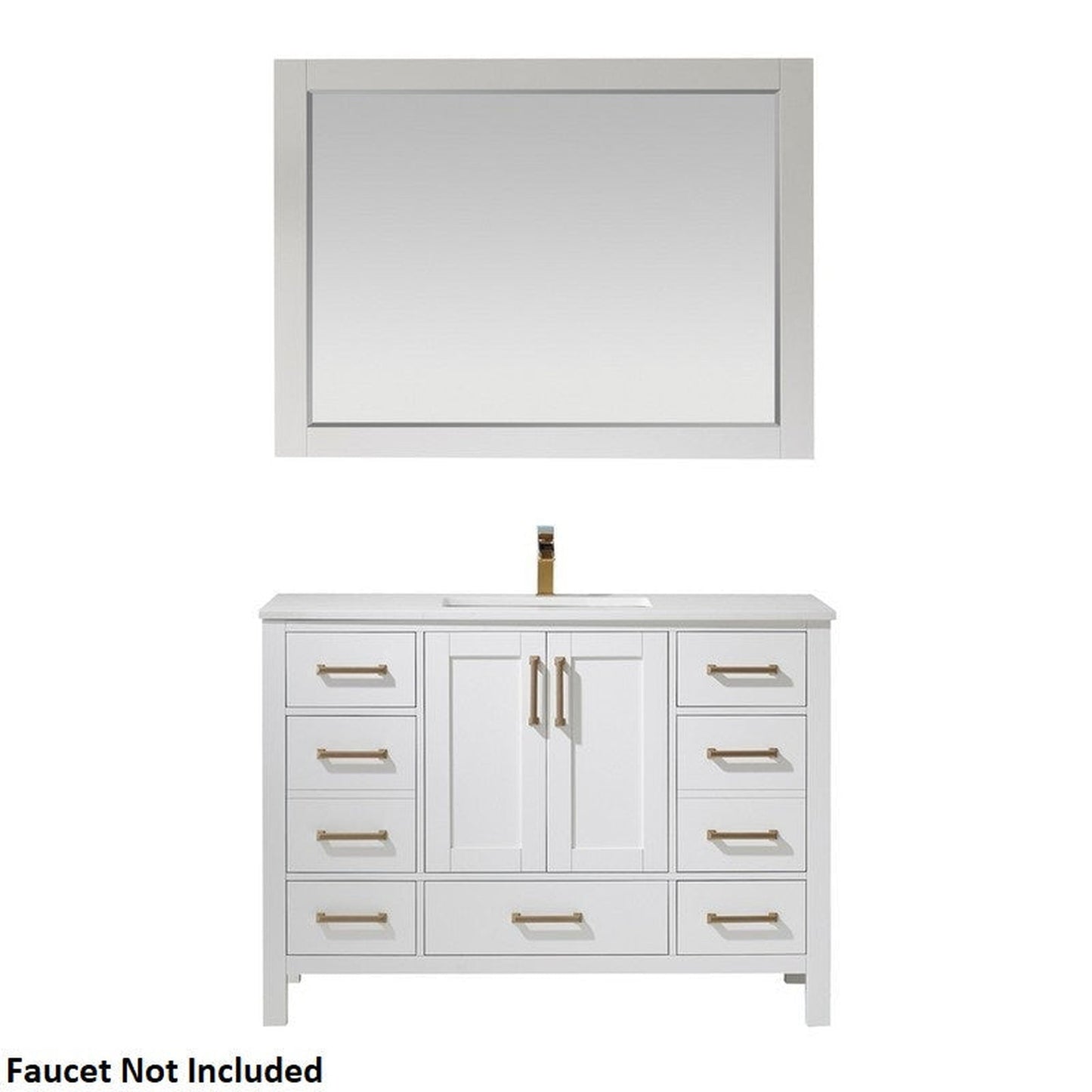 Vinnova Shannon 48" White Freestanding Single Vanity Set In White Carrara Composite Top With Undermount Ceramic Sink and Mirror