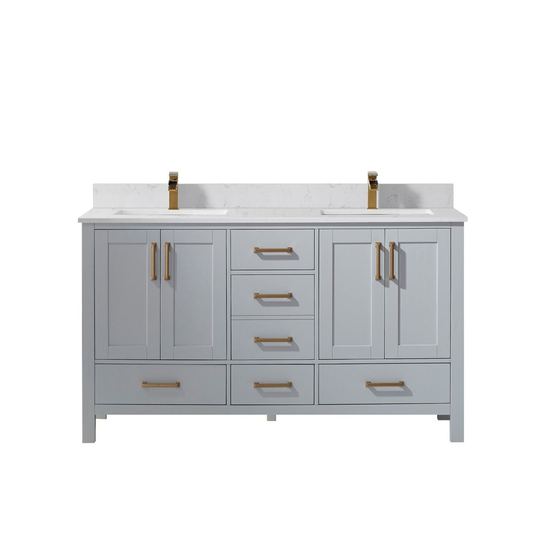 Vinnova Shannon 60" Paris Gray Freestanding Double Vanity Set In White Carrara Composite Stone Top With Undermount Ceramic Sink and Mirror