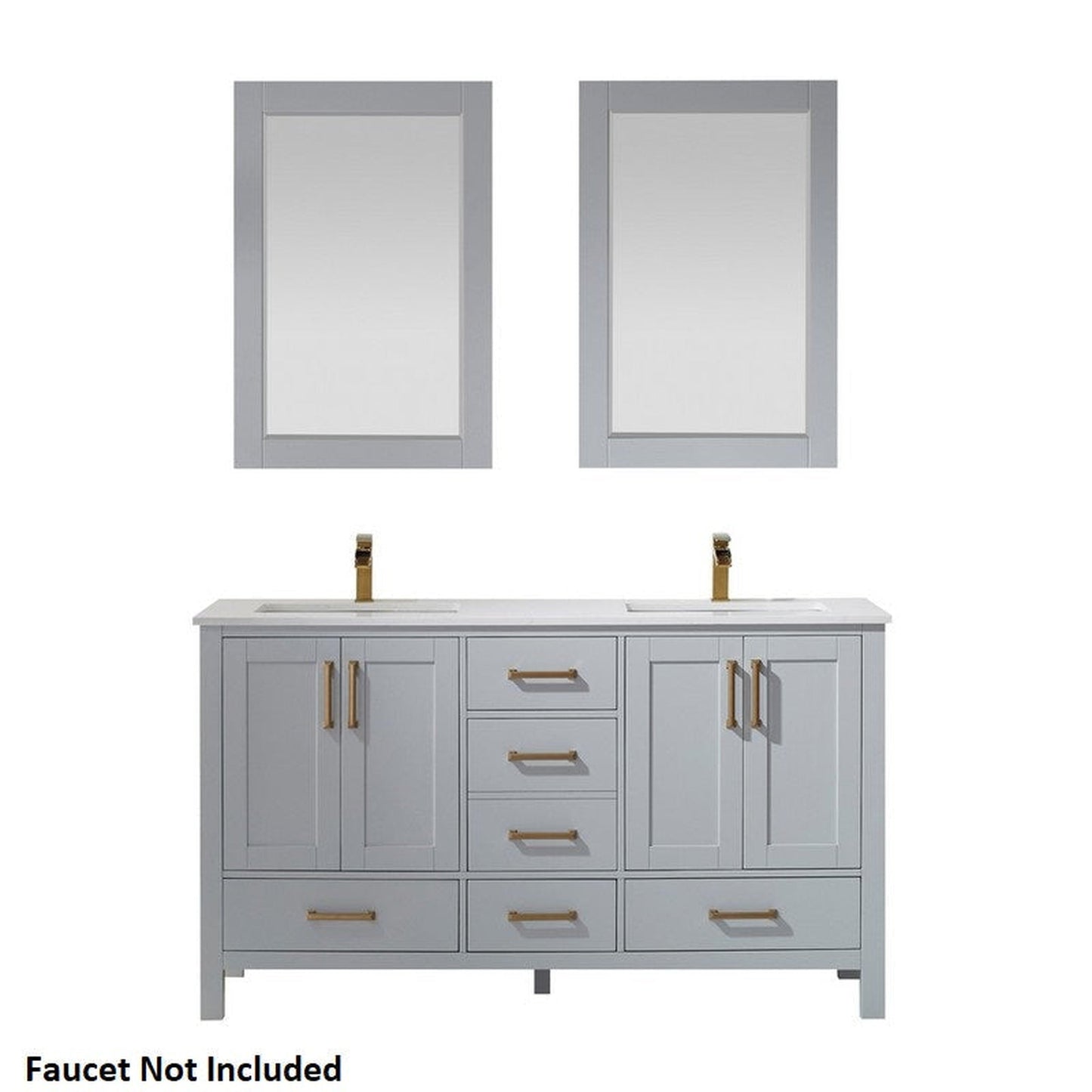 Vinnova Shannon 60" Paris Gray Freestanding Double Vanity Set In White Carrara Composite Stone Top With Undermount Ceramic Sink and Mirror