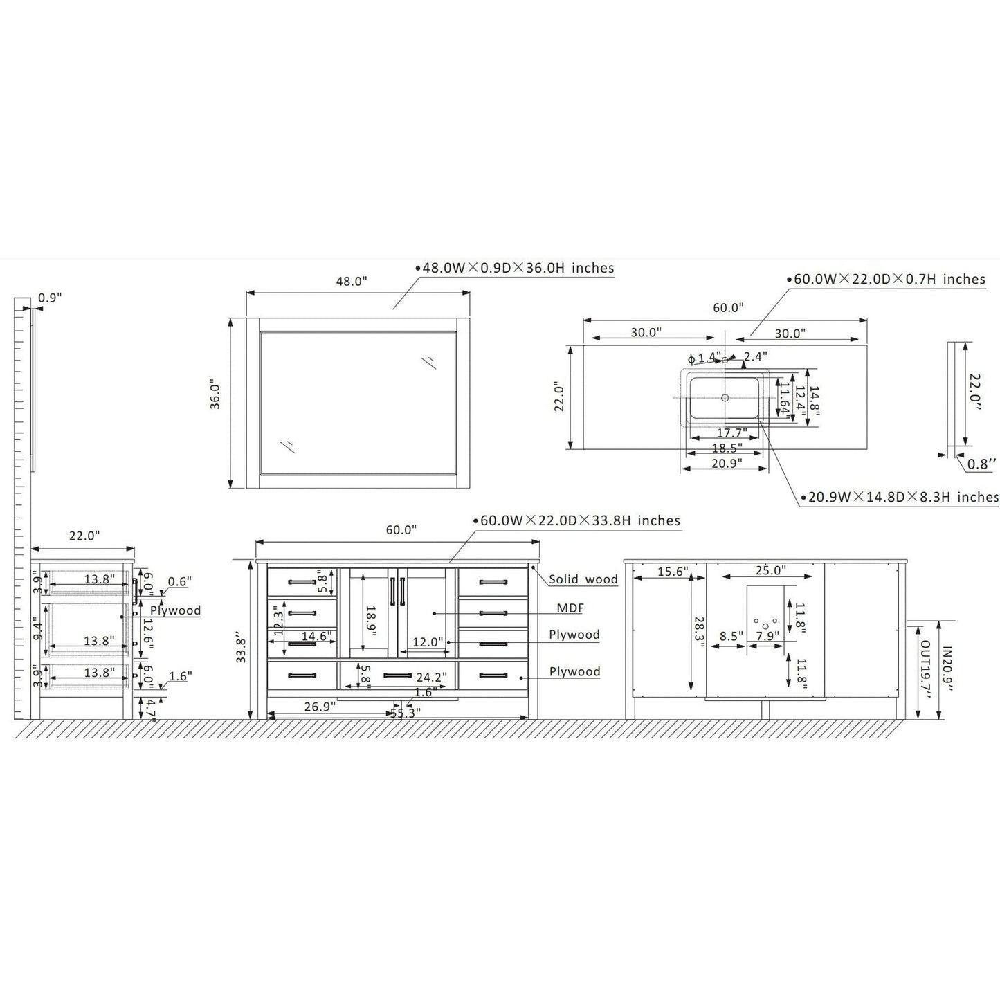 Vinnova Shannon 60" Paris Gray Freestanding Single Vanity Set In White Carrara Composite Stone Top With Undermount Ceramic Sink and Mirror