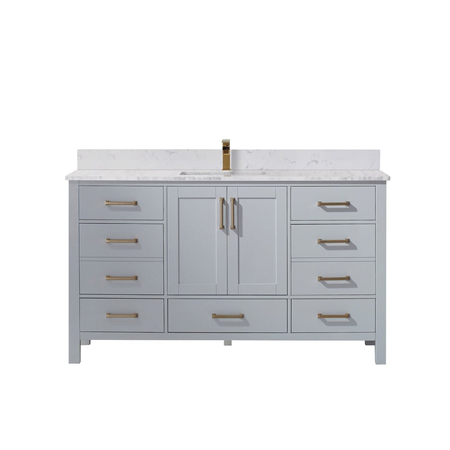 Vinnova Shannon 60" Paris Gray Freestanding Single Vanity Set In White Carrara Composite Stone Top With Undermount Ceramic Sink and Mirror