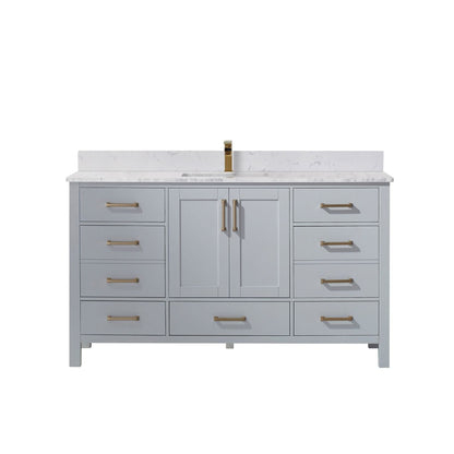 Vinnova Shannon 60" Paris Gray Freestanding Single Vanity Set In White Carrara Composite Stone Top With Undermount Ceramic Sink and Mirror