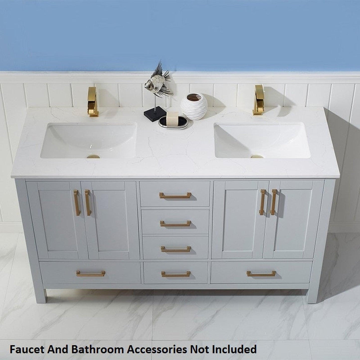 Vinnova Shannon 60" Paris White Freestanding Double Vanity Set In White Carrara Composite Stone Top With Undermount Ceramic Sink