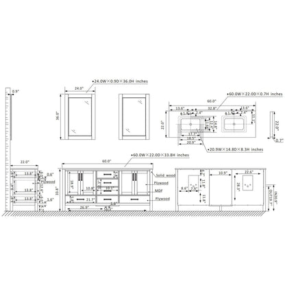 Vinnova Shannon 60" Paris White Freestanding Double Vanity Set In White Carrara Composite Stone Top With Undermount Ceramic Sink