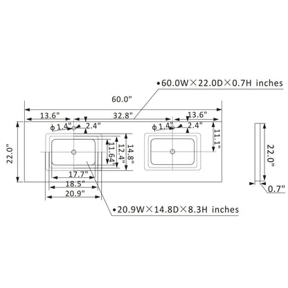 Vinnova Shannon 60" Royal Blue Freestanding Double Vanity Set In White Carrara Composite Stone Top With Undermount Ceramic Sink and Mirror