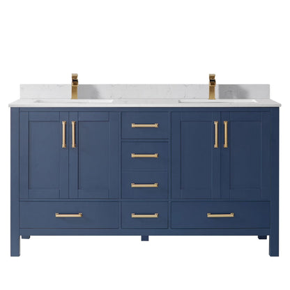 Vinnova Shannon 60" Royal Blue Freestanding Double Vanity Set In White Carrara Composite Stone Top With Undermount Ceramic Sink and Mirror