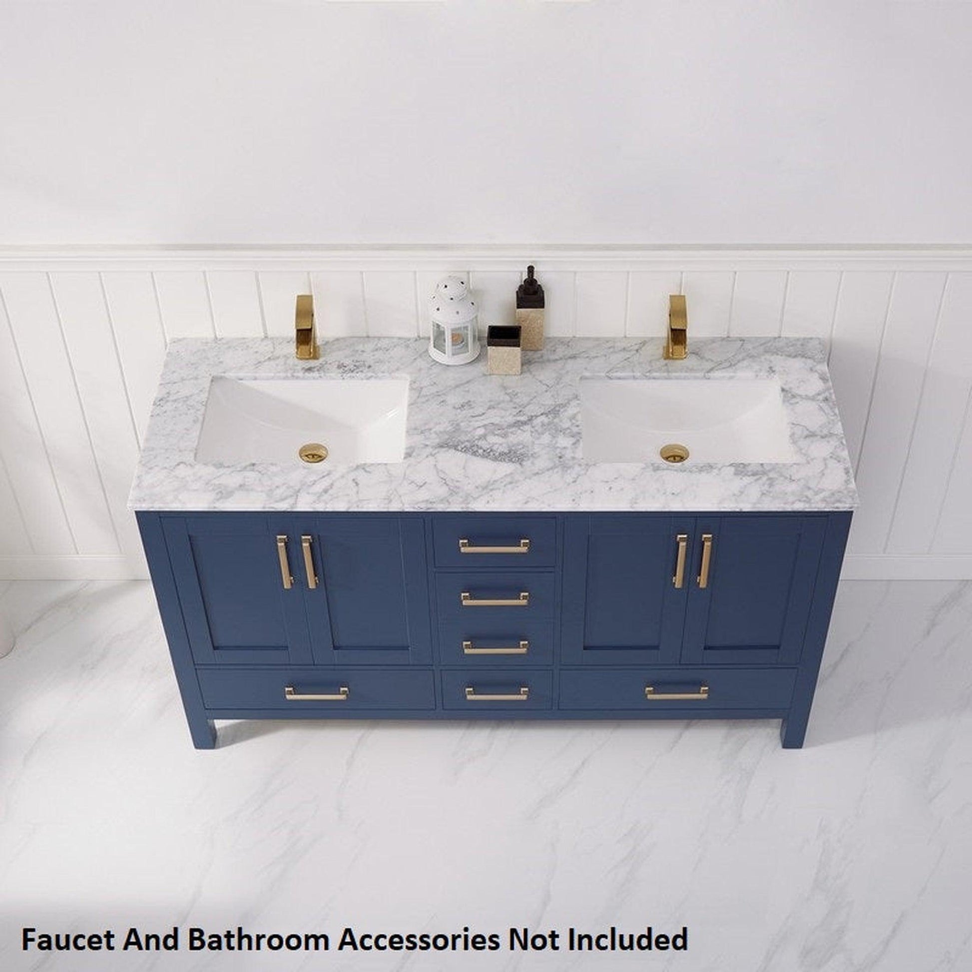 Vinnova Shannon 60" Royal Blue Freestanding Double Vanity Set In White Carrara Composite Stone Top With Undermount Ceramic Sink