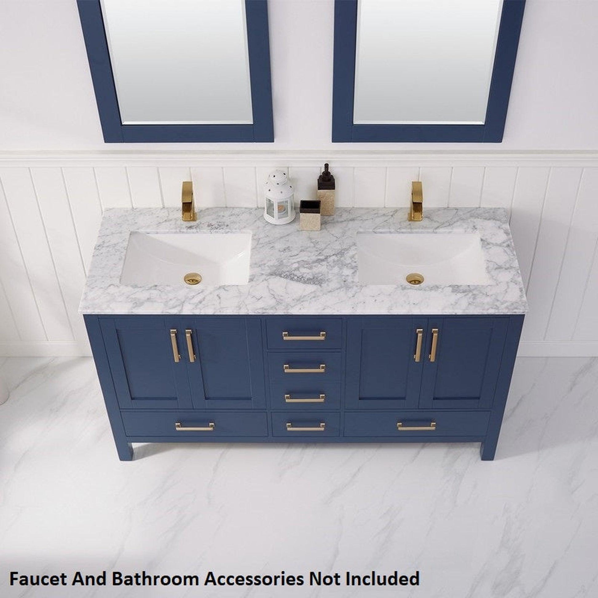 Vinnova Shannon 60" Royal Blue Freestanding Double Vanity Set In White Carrara Composite Stone Top With Undermount Ceramic Sink and Mirror