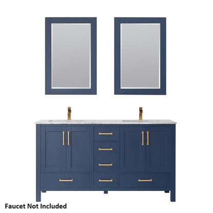 Vinnova Shannon 60" Royal Blue Freestanding Double Vanity Set In White Carrara Composite Stone Top With Undermount Ceramic Sink and Mirror