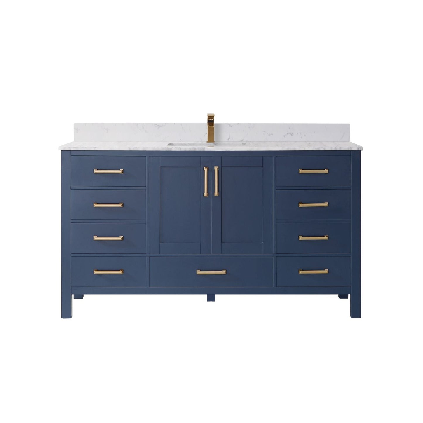 Vinnova Shannon 60" Royal Blue Freestanding Single Vanity Set In White Carrara Composite Stone Top With Undermount Ceramic Sink and Mirror