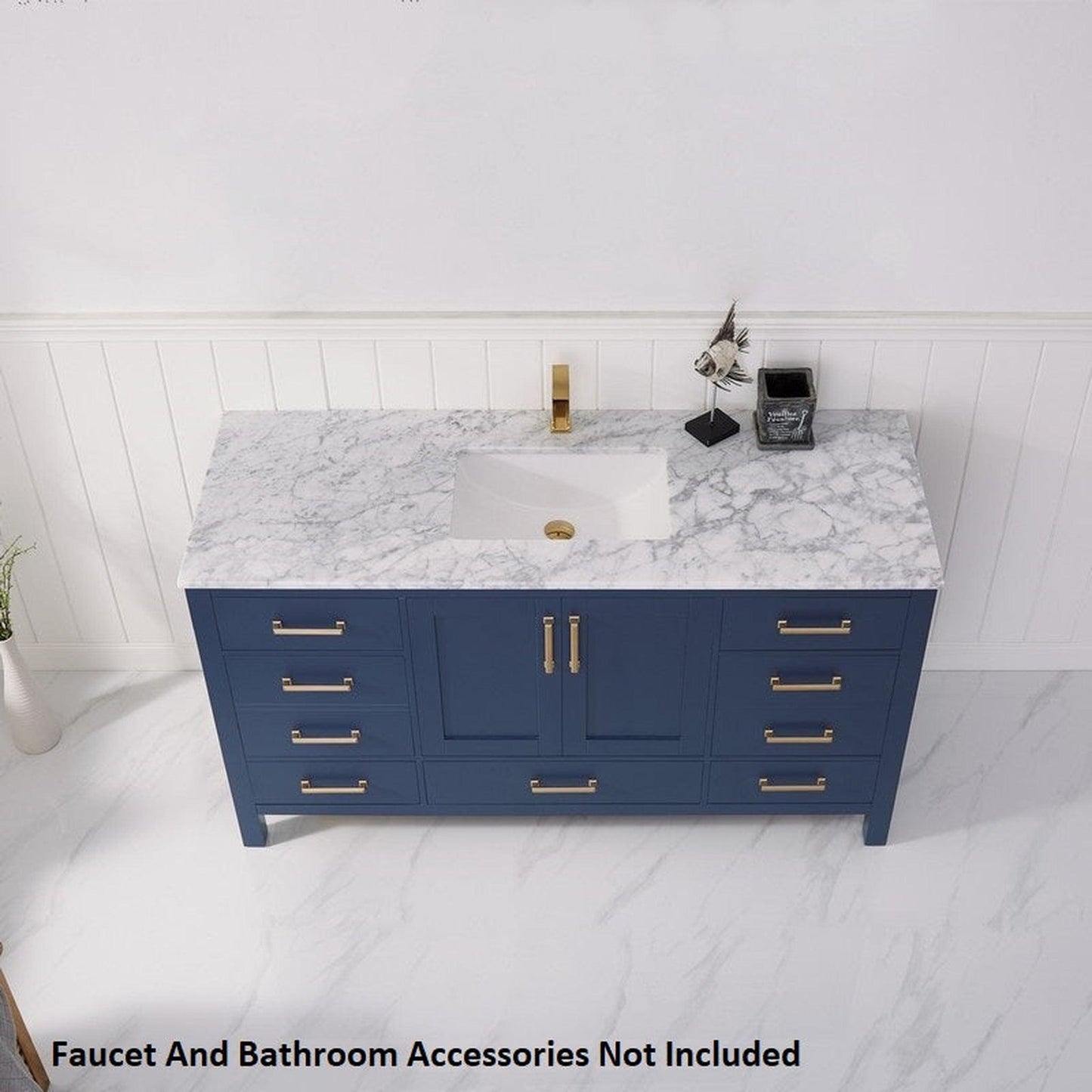 Vinnova Shannon 60" Royal Blue Freestanding Single Vanity Set In White Carrara Composite Stone Top With Undermount Ceramic Sink