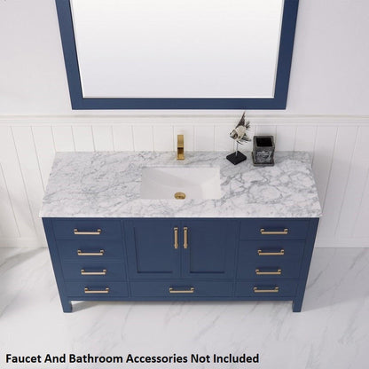 Vinnova Shannon 60" Royal Blue Freestanding Single Vanity Set In White Carrara Composite Stone Top With Undermount Ceramic Sink and Mirror