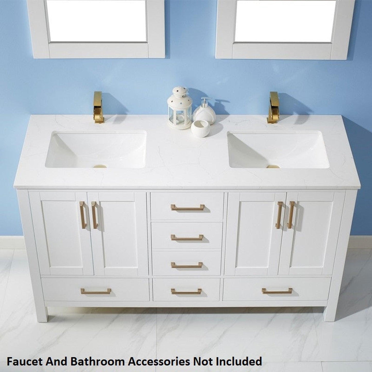 Vinnova Shannon 60" White Freestanding Double Vanity Set In White Carrara Composite Stone Top With Undermount Ceramic Sink And Mirror