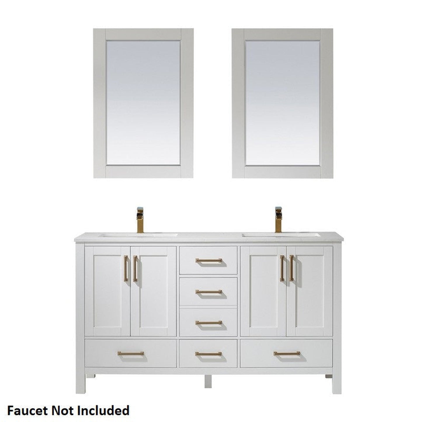 Vinnova Shannon 60" White Freestanding Double Vanity Set In White Carrara Composite Stone Top With Undermount Ceramic Sink And Mirror