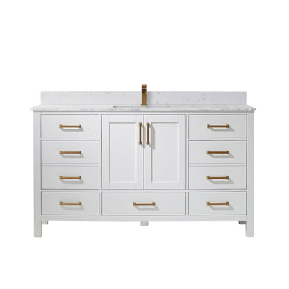 Vinnova Shannon 60" White Freestanding Single Vanity Set In White Carrara Composite Stone Top With Undermount Ceramic Sink and Mirror