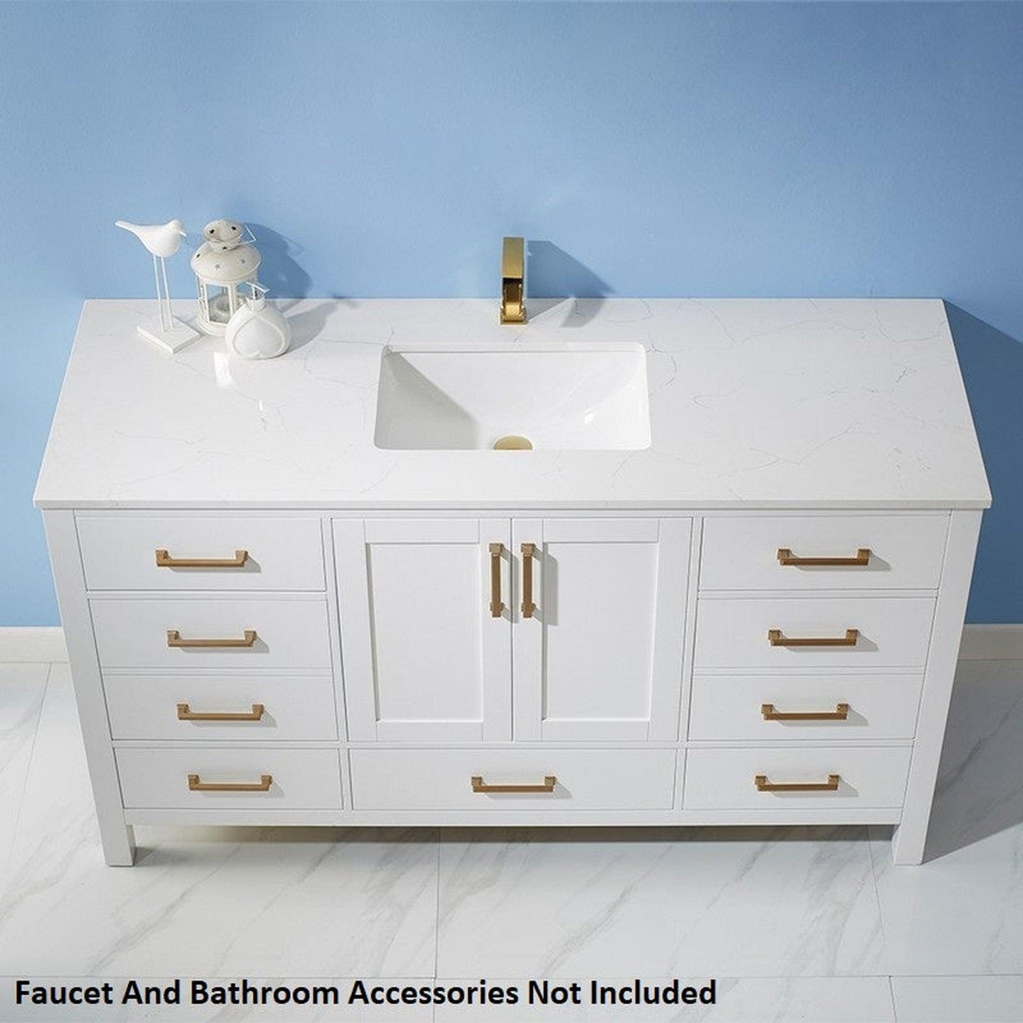 Vinnova Shannon 60" White Freestanding Single Vanity Set In White Carrara Composite Stone Top With Undermount Ceramic Sink