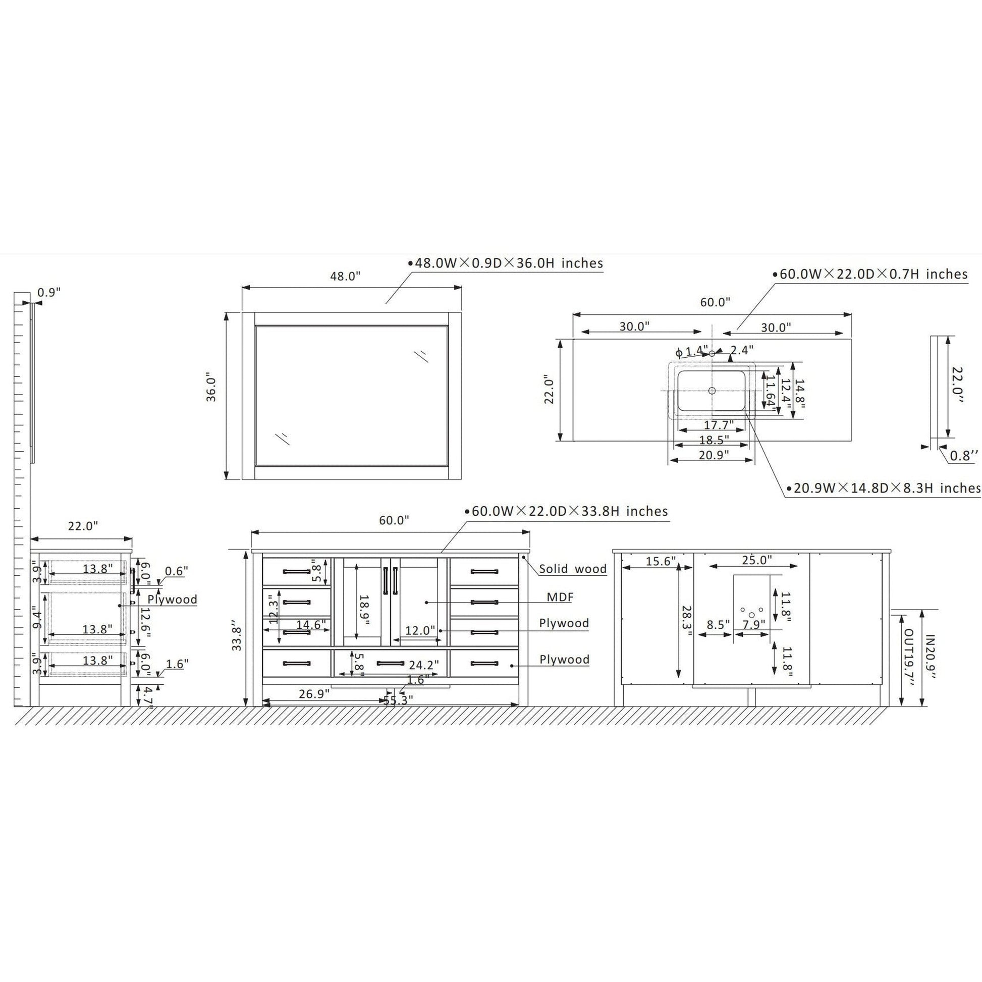 Vinnova Shannon 60" White Freestanding Single Vanity Set In White Carrara Composite Stone Top With Undermount Ceramic Sink