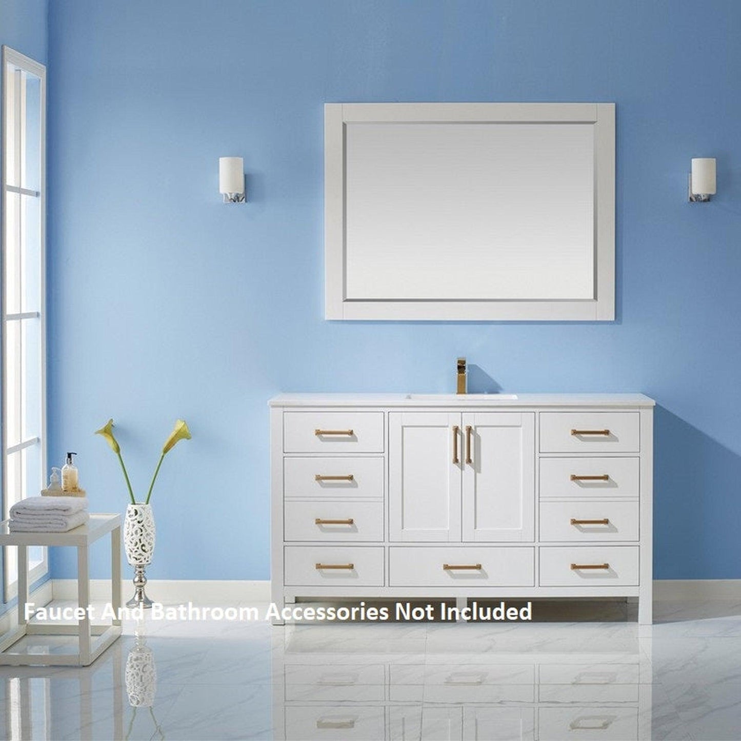 Vinnova Shannon 60" White Freestanding Single Vanity Set In White Carrara Composite Stone Top With Undermount Ceramic Sink and Mirror