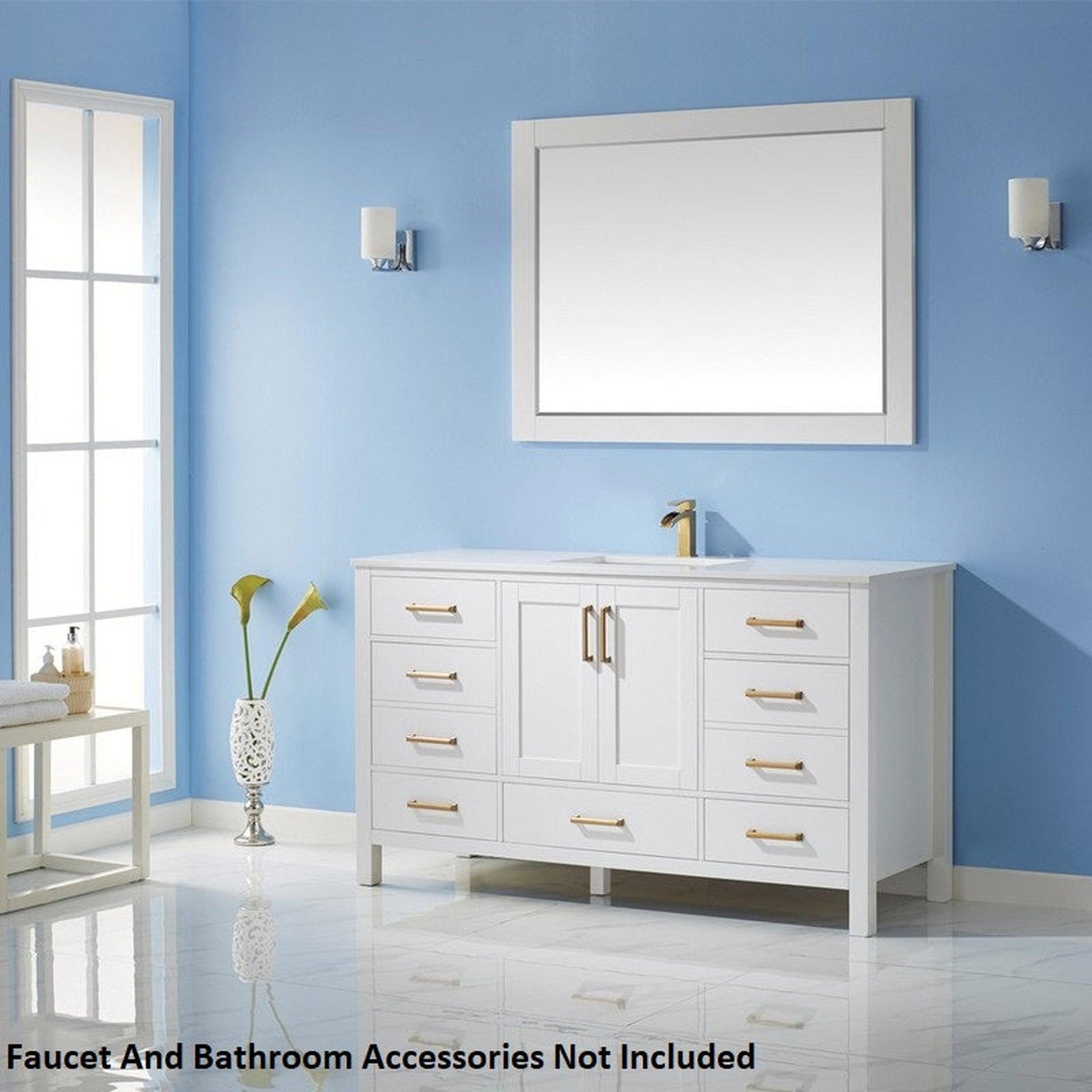 Vinnova Shannon 60" White Freestanding Single Vanity Set In White Carrara Composite Stone Top With Undermount Ceramic Sink and Mirror