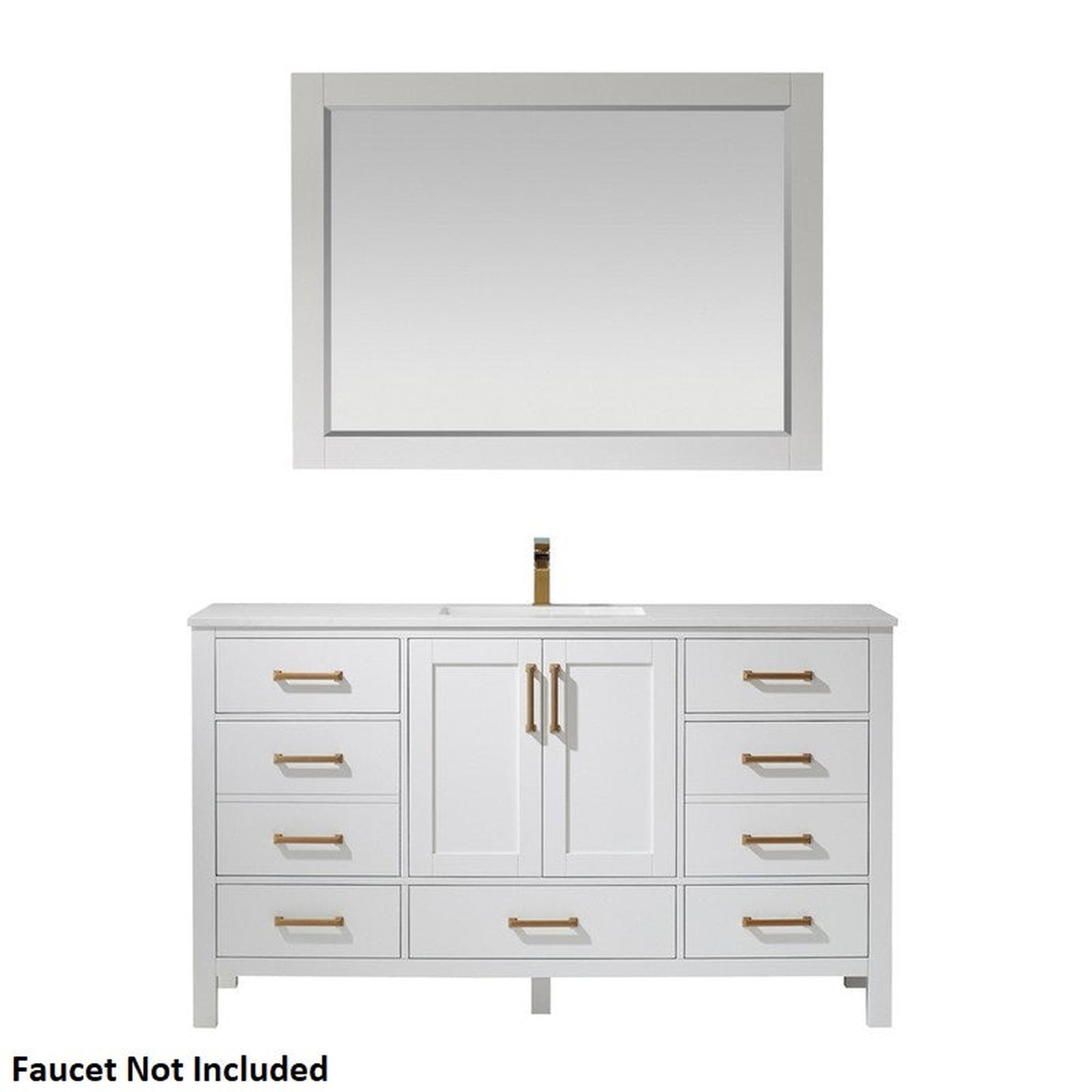 Vinnova Shannon 60" White Freestanding Single Vanity Set In White Carrara Composite Stone Top With Undermount Ceramic Sink and Mirror