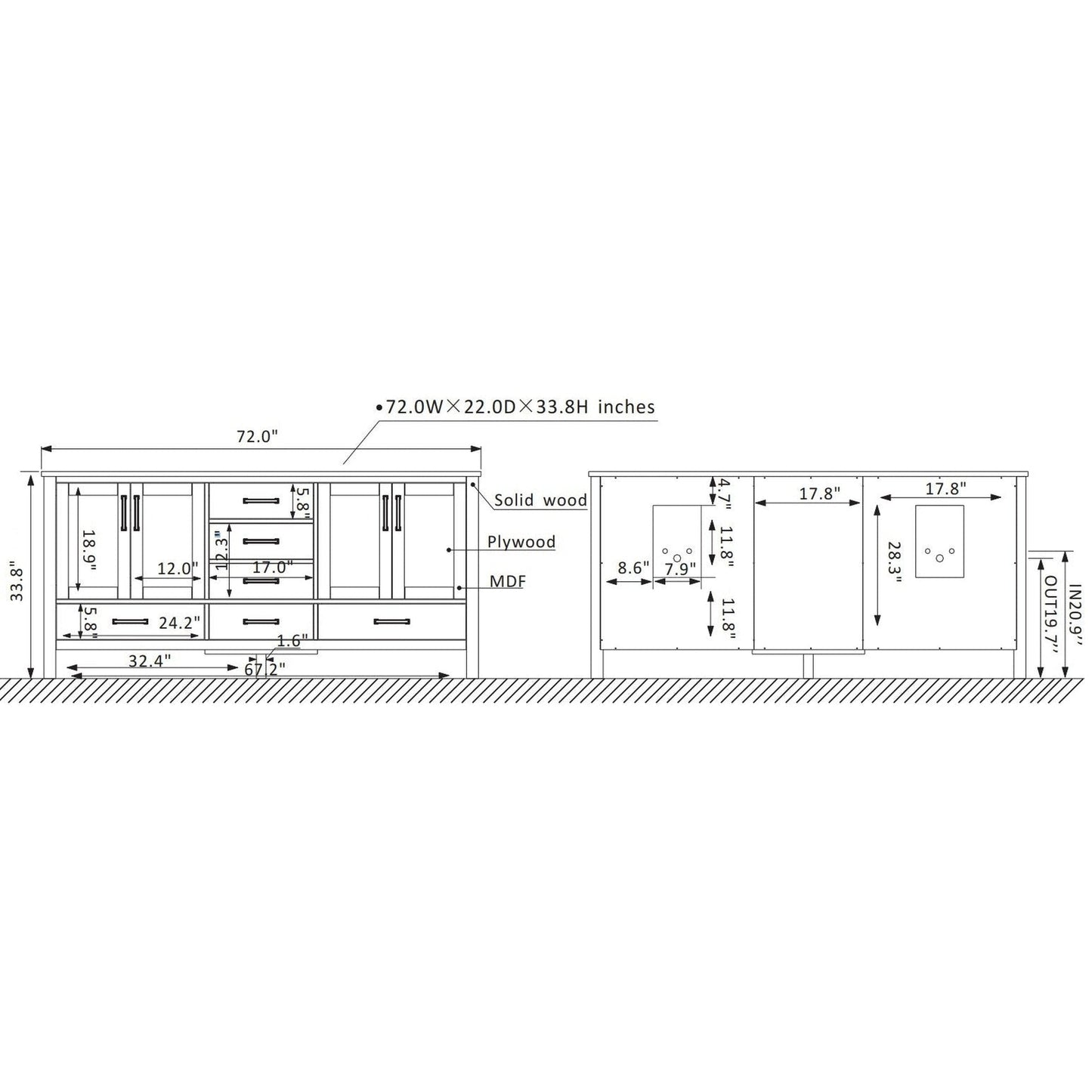 Vinnova Shannon 72" Paris Gray Freestanding Double Vanity Set In White Carrara Composite Stone Top With Undermount Ceramic Sink and Mirror