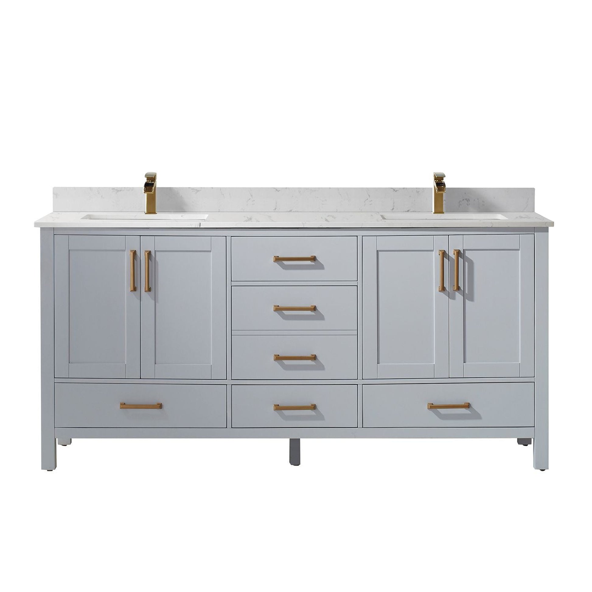 Vinnova Shannon 72" Paris Gray Freestanding Double Vanity Set In White Carrara Composite Stone Top With Undermount Ceramic Sink and Mirror
