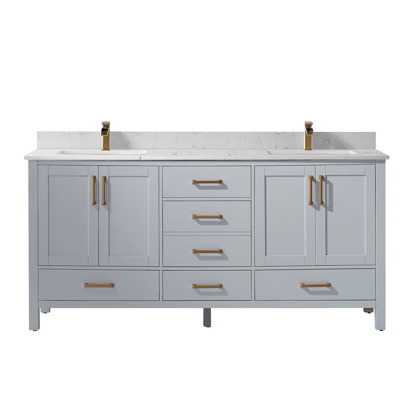 Vinnova Shannon 72" Paris Gray Freestanding Double Vanity Set In White Carrara Composite Stone Top With Undermount Ceramic Sink and Mirror