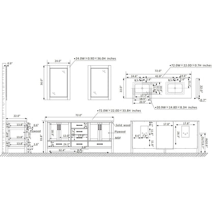 Vinnova Shannon 72" Paris Gray Freestanding Double Vanity Set In White Carrara Composite Stone Top With Undermount Ceramic Sink