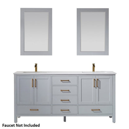 Vinnova Shannon 72" Paris Gray Freestanding Double Vanity Set In White Carrara Composite Stone Top With Undermount Ceramic Sink and Mirror