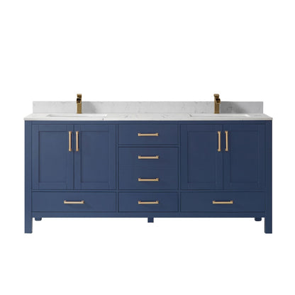 Vinnova Shannon 72" Royal Blue Freestanding Double Vanity Set In White Carrara Composite Stone Top With Undermount Ceramic Sink and Mirror