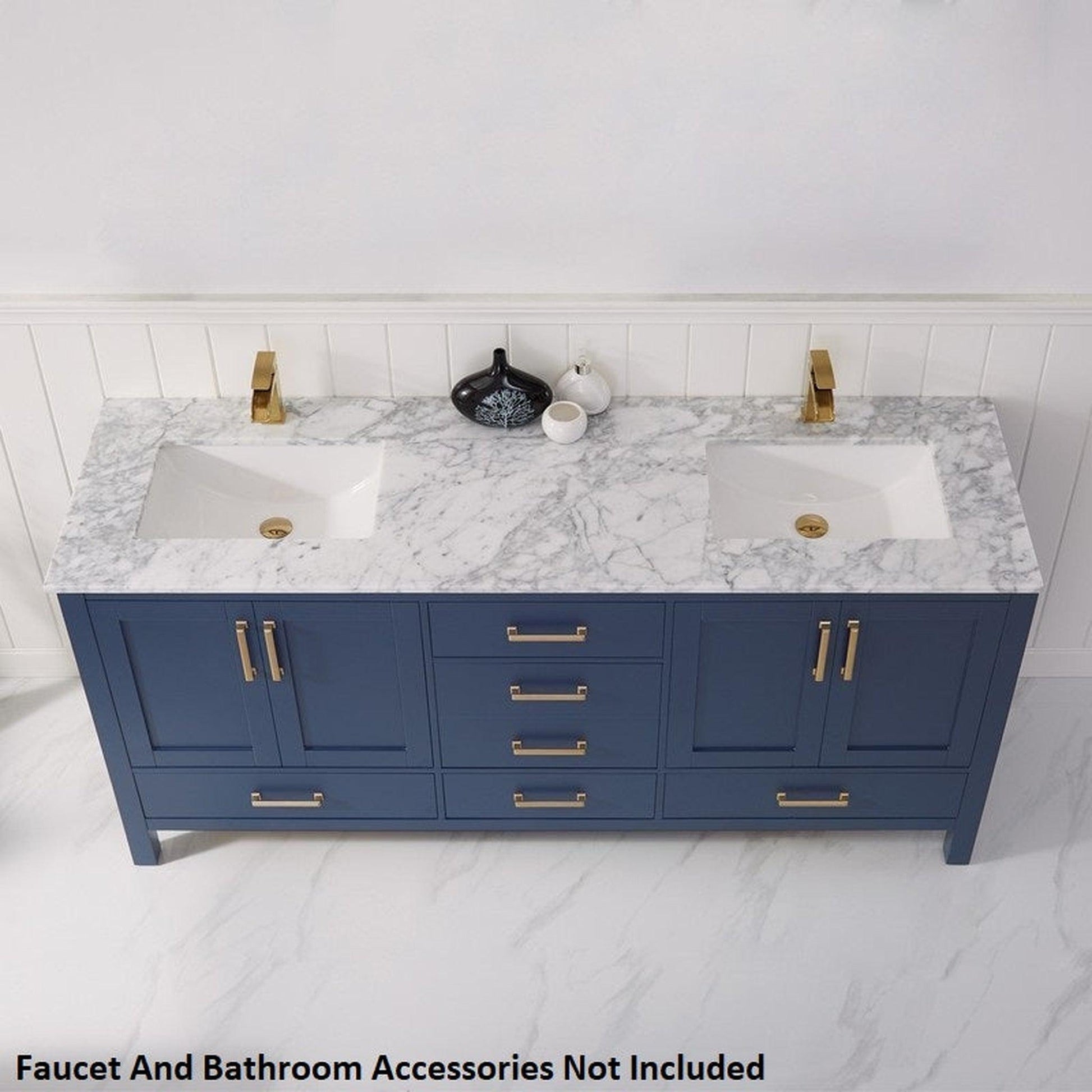 Vinnova Shannon 72" Royal Blue Freestanding Double Vanity Set In White Carrara Composite Stone Top With Undermount Ceramic Sink