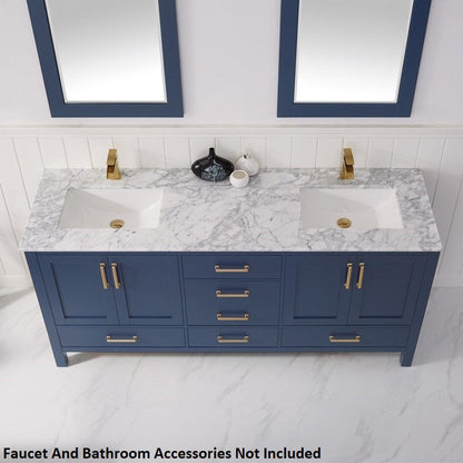 Vinnova Shannon 72" Royal Blue Freestanding Double Vanity Set In White Carrara Composite Stone Top With Undermount Ceramic Sink and Mirror