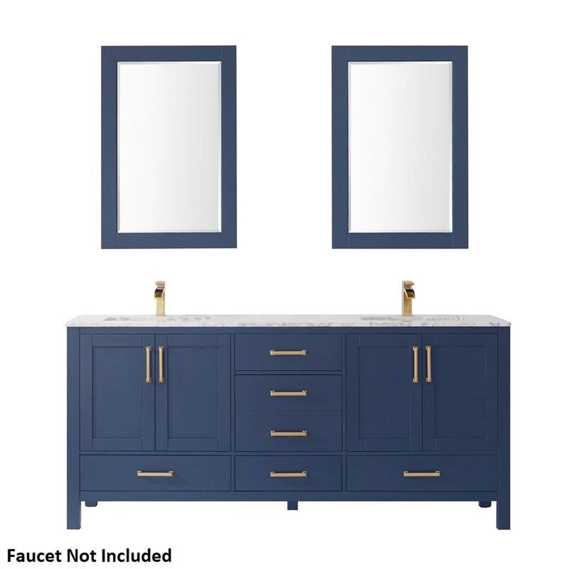 Vinnova Shannon 72" Royal Blue Freestanding Double Vanity Set In White Carrara Composite Stone Top With Undermount Ceramic Sink and Mirror