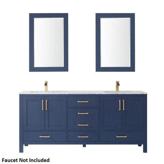 Vinnova Shannon 72" Royal Blue Freestanding Double Vanity Set In White Carrara Composite Stone Top With Undermount Ceramic Sink and Mirror