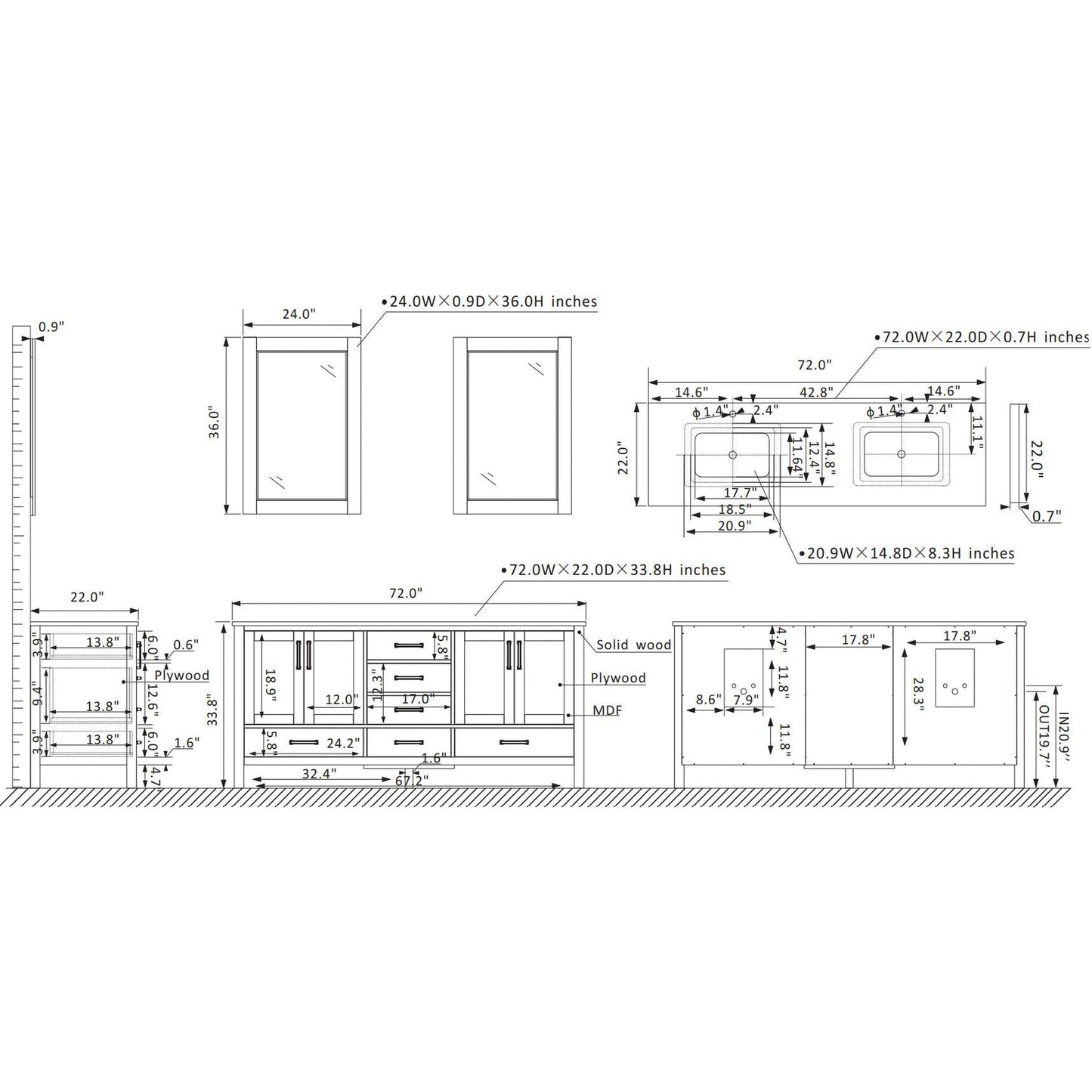 Vinnova Shannon 72" White Freestanding Double Vanity Set in White Carrara Composite Stone Top With Undermount Ceramic Sink and Mirror