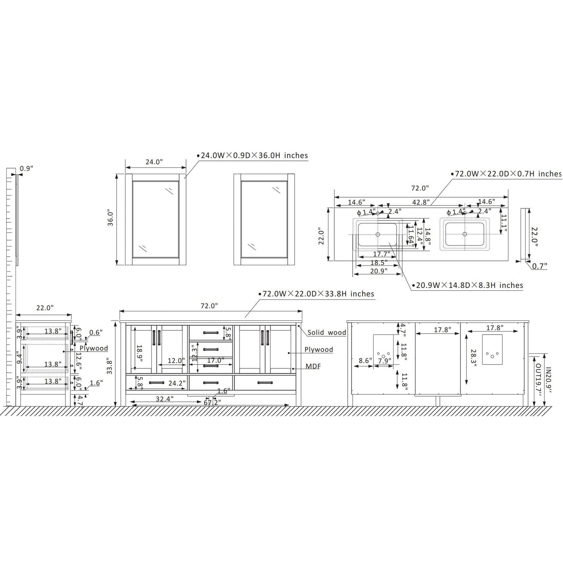 Vinnova Shannon 72" White Freestanding Double Vanity Set in White Carrara Composite Stone Top With Undermount Ceramic Sink and Mirror