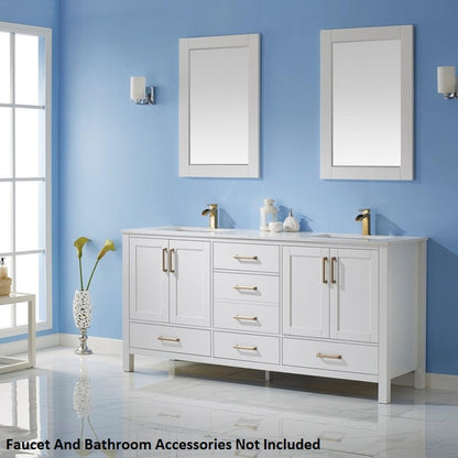 Vinnova Shannon 72" White Freestanding Double Vanity Set in White Carrara Composite Stone Top With Undermount Ceramic Sink and Mirror