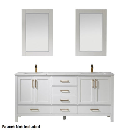 Vinnova Shannon 72" White Freestanding Double Vanity Set in White Carrara Composite Stone Top With Undermount Ceramic Sink and Mirror