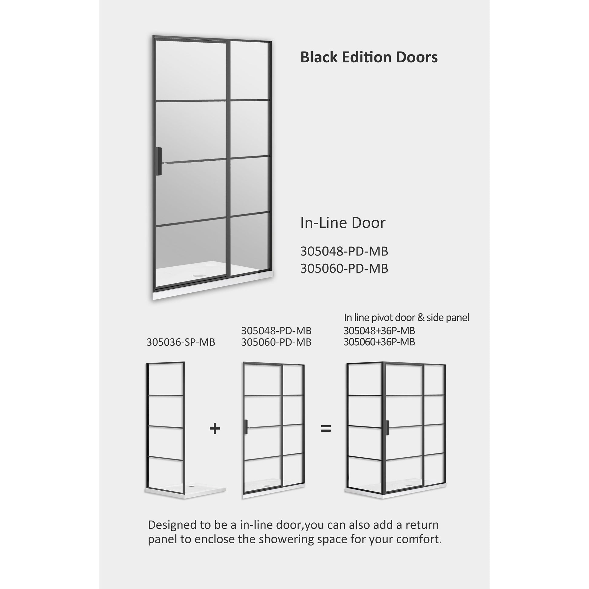 Vinnova Sondrio 48" x 76" Matte Black Rectangle In-line Pivot Door Framed Shower Enclosure With Side panel