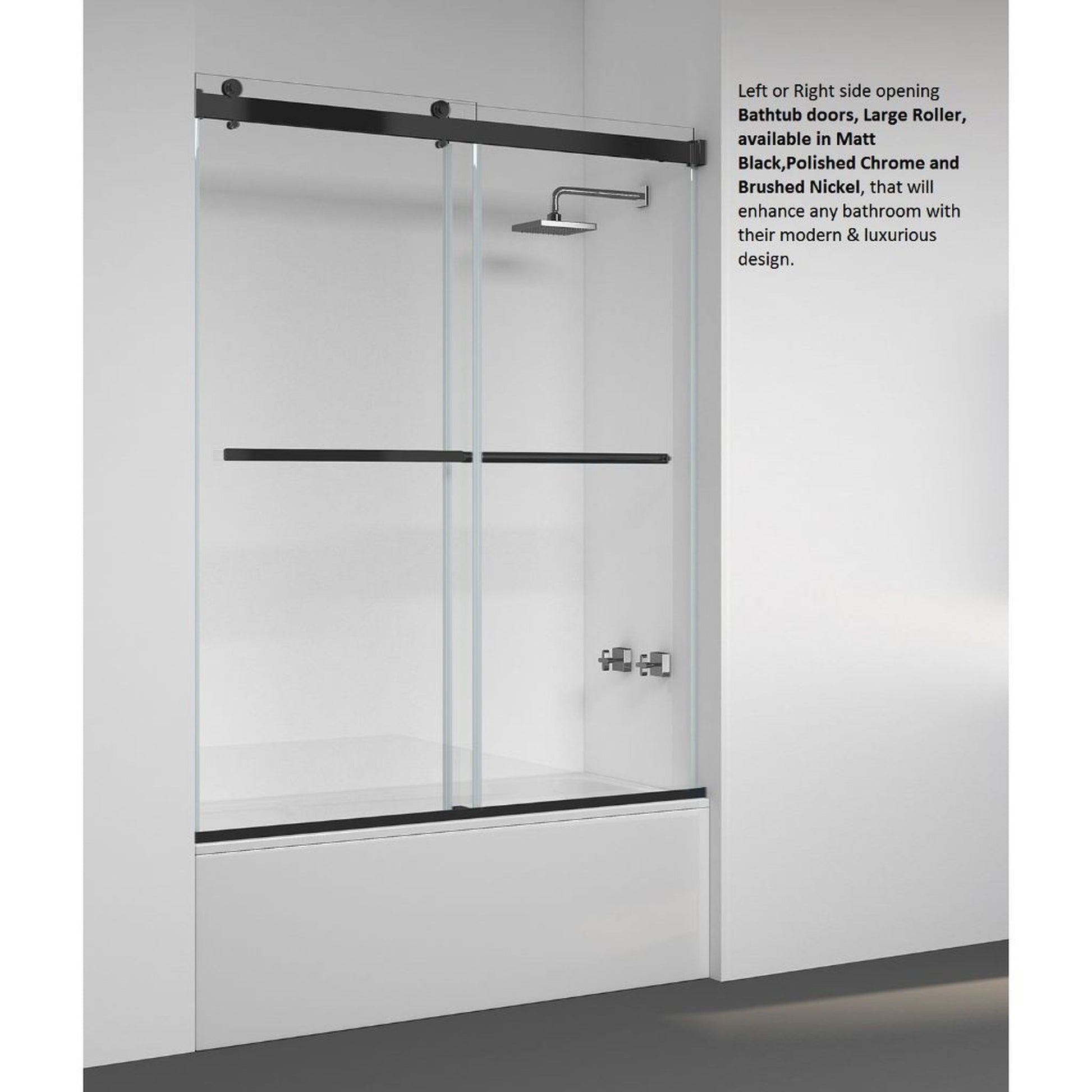 Vinnova Spezia 60" x 58" Matte Black Reversible Double Sliding Bypass Frameless Tub Door