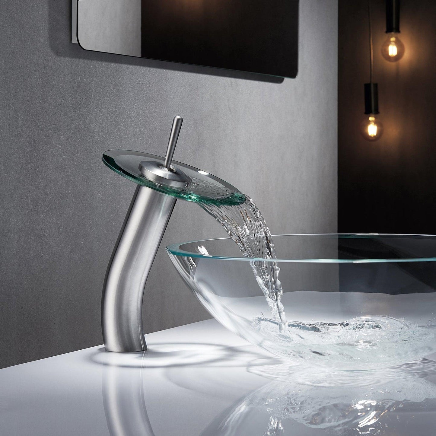 Vinnova Torino 12" Single Hole Satin Nickel high Arc Waterfall Glass Vessel Bathroom Sink Faucet