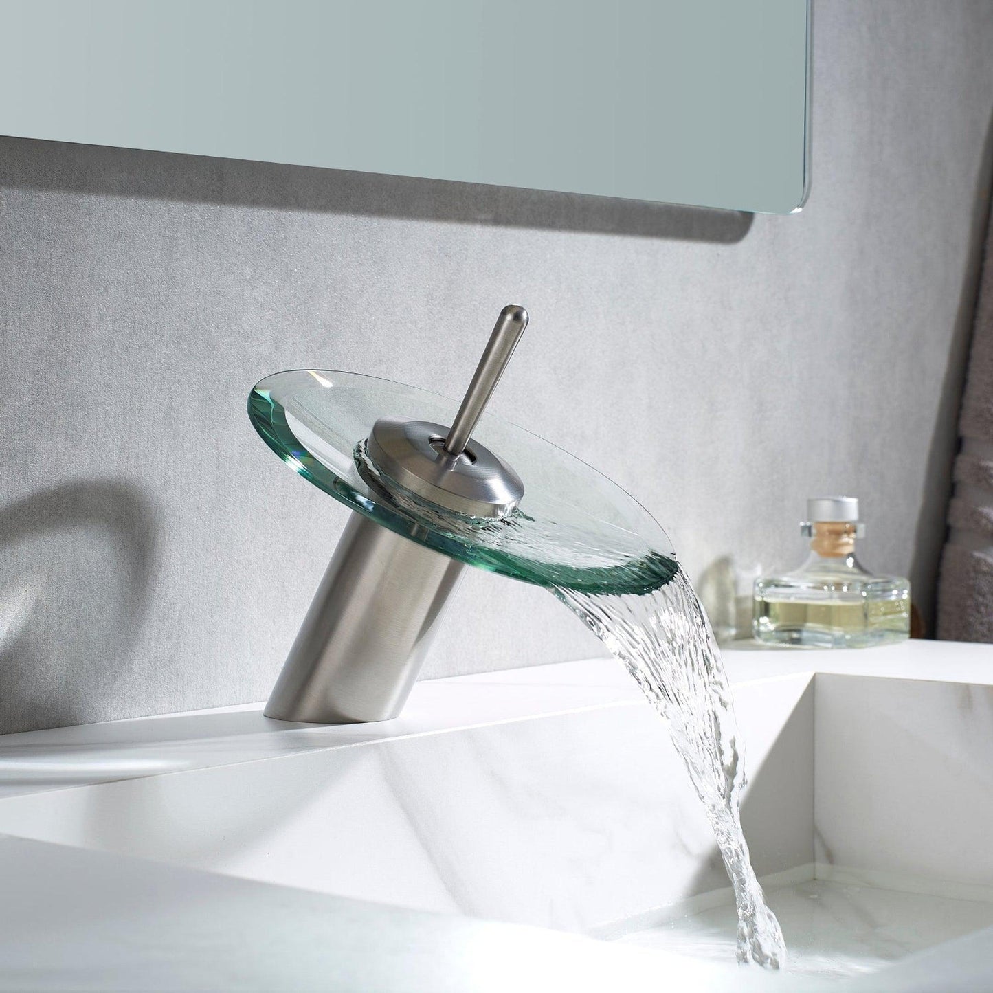 Vinnova Torino 7" Single Hole Polished Chrome Low Arc Waterfall Glass Vessel Bathroom Sink Faucet